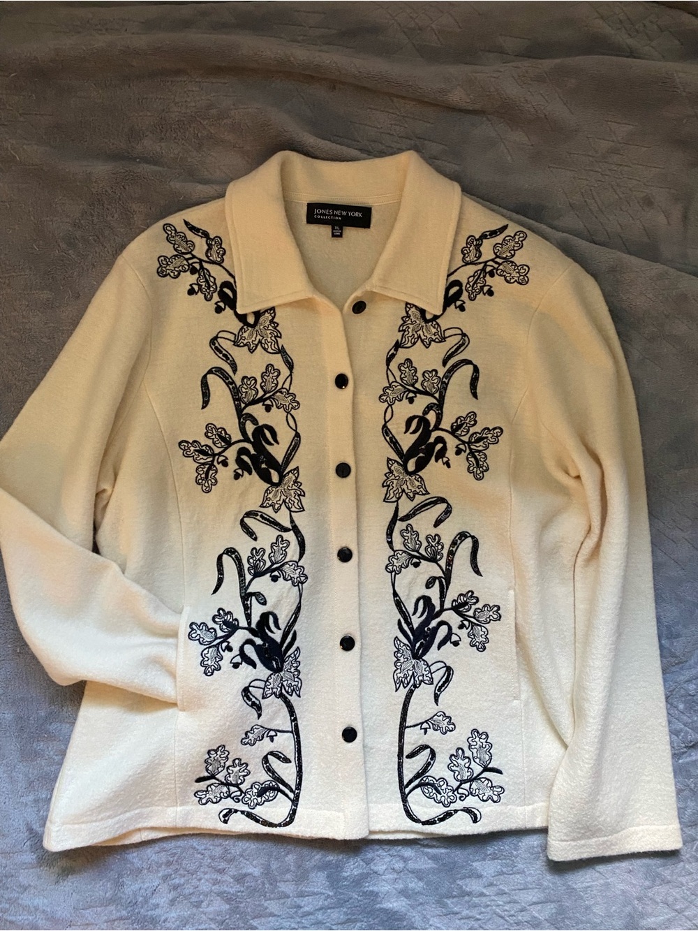 Jones New York Cream Trench Coat with Black Floral Embroidery